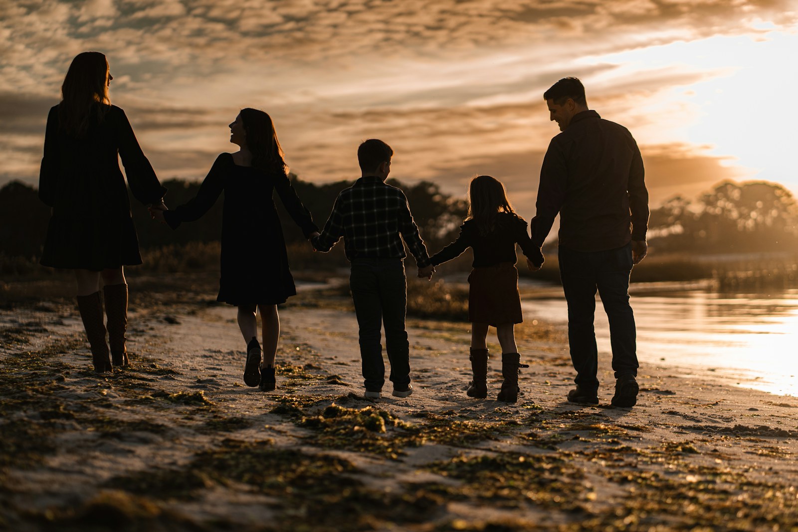 Silhouette of a family holding hands while walking along the beach at sunset